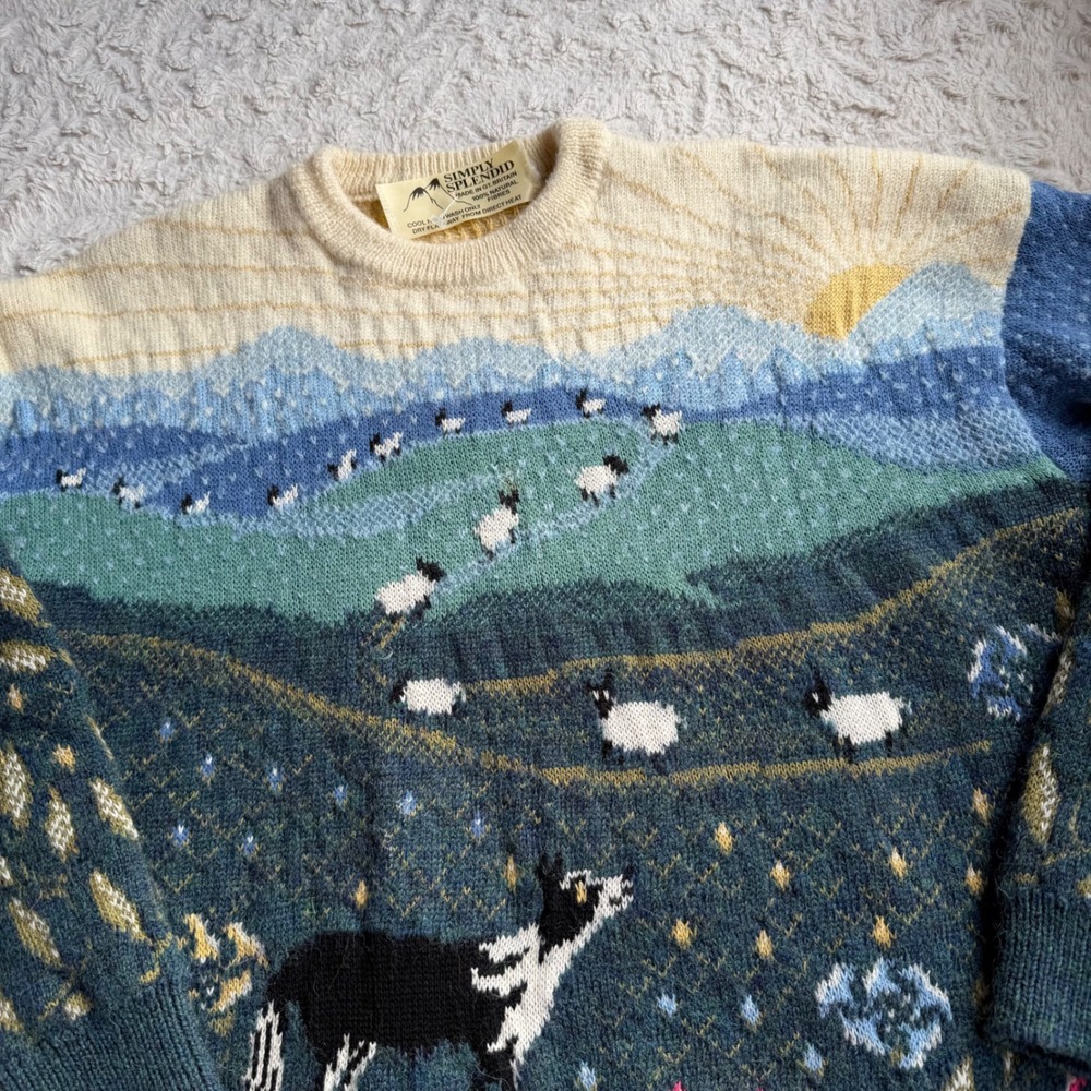 Vintage Wool Sheep Sweater Simply Splendid Pastoral Landscape Dog Scenic Scene M - Picture 6 of 12